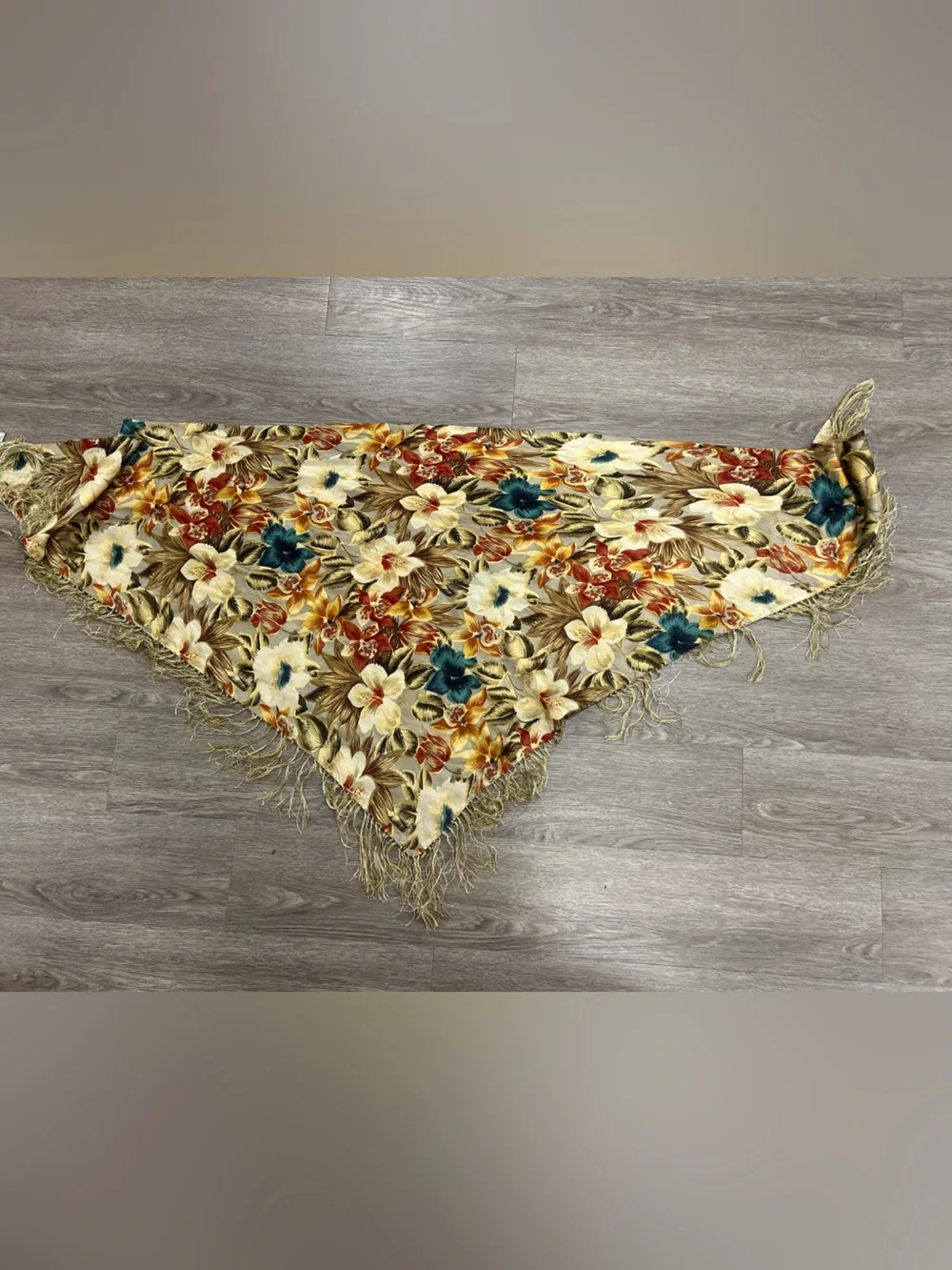 Vintage Silk Floral Scarf in Gold, Teal & Rust